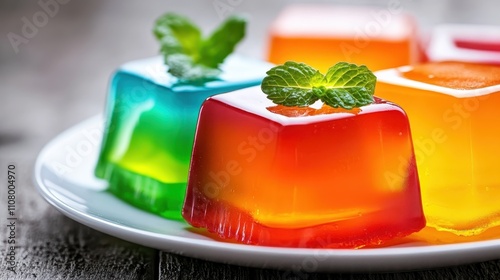 Vibrantly hued jello cubes with layers of colors are elegantly arranged on a white plate, garnished with raspberries and mint leaves, for a delightful visual feast. photo