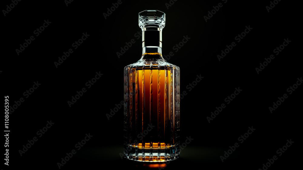 Modern whiskey bottle with intricate vertical linear glass work, filled to the top with whiskey. Modern whiskey bottle with intricate vertical linear glass work, filled to the top with whiskey.