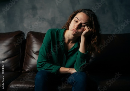 A bored and unhappy young woman sitting on a leather couch

 photo