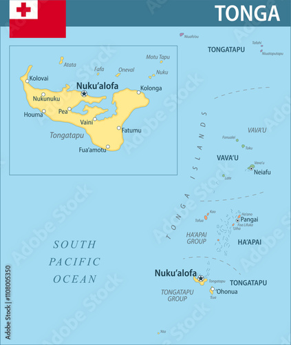 Tonga Map Vector New 2024 Colorful - Customizable layered political map of Tonga with administrative divisions for website, education, reports, news, politics, print, poster and wallpaper