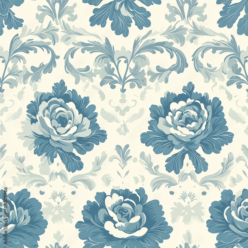 Fototapeta premium Elegant blue floral pattern design featuring roses and intricate details on a light background
