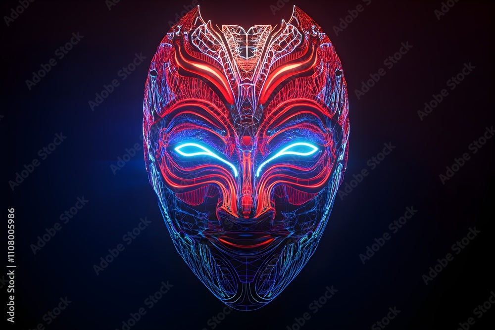 Naklejka premium A complex neon wireframe mask artistically displayed against a contrasting black background.