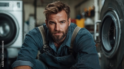 A bearded man in a denim outfit sits confidently in front of industrial washing machines, embodying strength and determination in a workplace setting. photo