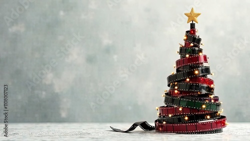 A whimsical Christmas tree made of stacked film reels, with twinkling lights draped across and a filmstrip winding down the side. The background is light gray with subtle textures