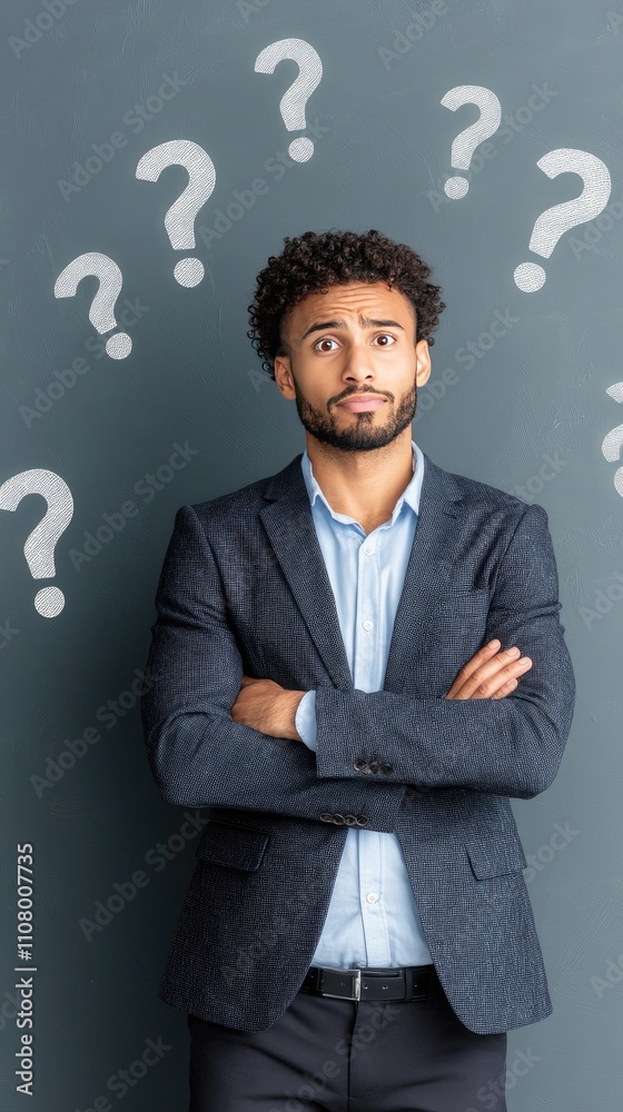 Confident Black man pondering questions in a stylish suit against a curious background in Minnesota Confident Black man pondering questions in a stylish suit against a curious background in Minnesota