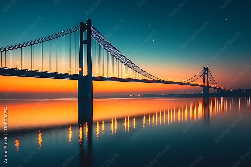 Fototapeta premium Suspension bridge over water at sunset with city lights reflecting in the water