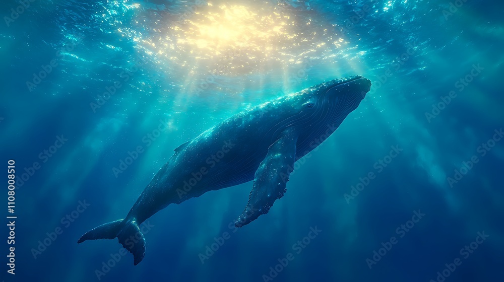 Fototapeta premium A majestic whale swimming beneath sunlit ocean waters.