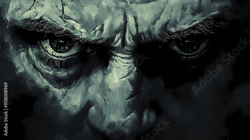 Menacing eyes gleam with malice from a twisted, contorted face, dark shadows accentuating sinister features and cruel intentions in a chilling, ominous portrait. Infernal. Illustration