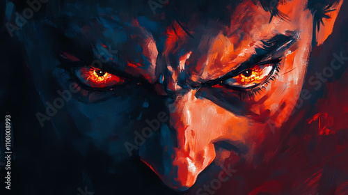 Menacing eyes gleam with malice from a twisted, contorted face, dark shadows accentuating sinister features and cruel intentions in a chilling, ominous portrait. Infernal. Illustration