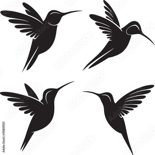 A series of four stylized black silhouettes vector of hummingbirds, a set of silhouettes of birds