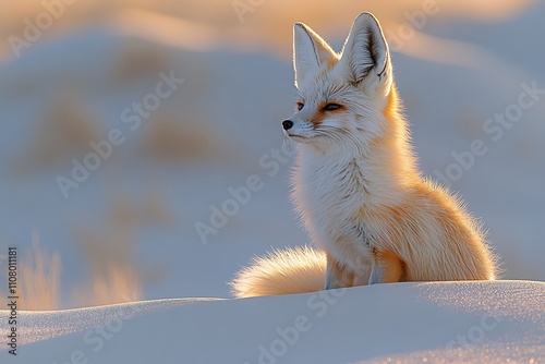 A beautiful fennec fox sits on the sand dunes at sunset. photo