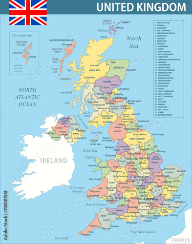 United Kingdom Map Vector New 2024 Colorful - Customizable layered political map of United Kingdom with administrative divisions for website, education, reports, news, politics, print, poster