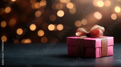 A charming pink gift box adorned with a shimmering ribbon is placed against a lively backdrop of blurred bokeh lights, bringing a sense of joy and celebration to the scene. photo