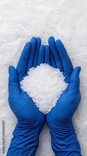 Blue gloved hands showcasing white polycarbonate beads surrounded by plastic granules in a manufacturing setting