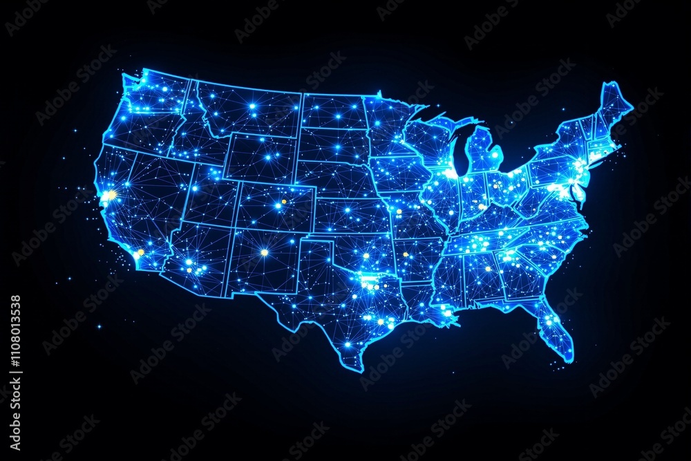 Obraz premium Illuminated Digital Map of the United States with Network Connections and Stars