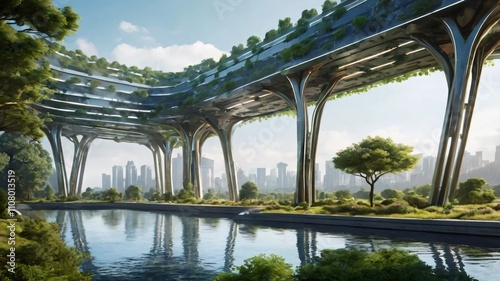 AI GENERATE background, A serene landscape blending nature and futuristic architecture