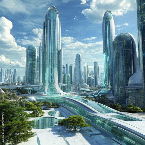 futuristic cityscape concepts. Futuristic cityscape with glass towers and lush greenery. photo