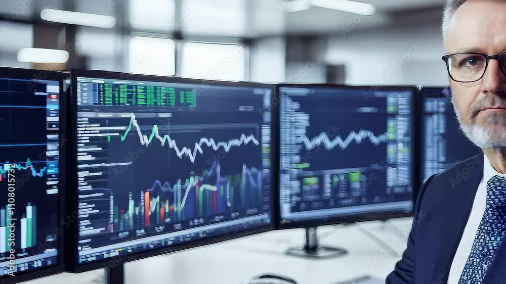 Stock trader is analyzing data on a computer screen. He is sitting in front of three monitors displaying charts and graphs Stock trader is analyzing data on a computer screen. He is sitting in front of three monitors displaying charts and graphs