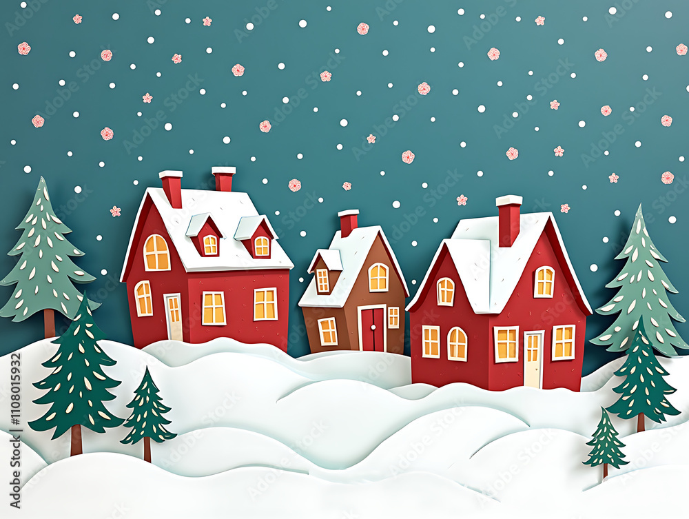 Fototapeta premium winter christmas houses composition in paper cut style merry