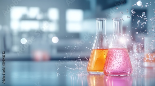 Two laboratory flasks filled with bright orange and pink liquids, surrounded by a burst of bubbles, set against a blurred scientific laboratory background. photo