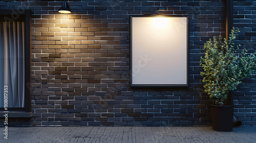 A mockup of a rectangular public signage displayed on a brick wall. photo