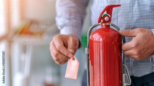 A person holds a fire extinguisher and attaches a tag, emphasizing safety and maintenance in a professional environment.