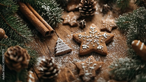Festive Gingerbread Cookies on a Rustic Wooden Table Holiday Baking & Comfort Foods ,Winter seasson, Happy New Year, Happy christmass