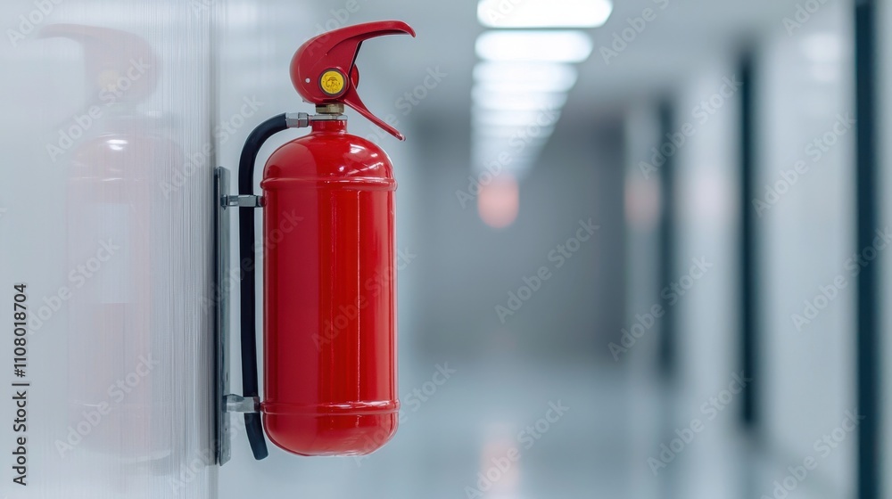 Obraz premium A red fire extinguisher mounted on a wall in a brightly lit corridor.