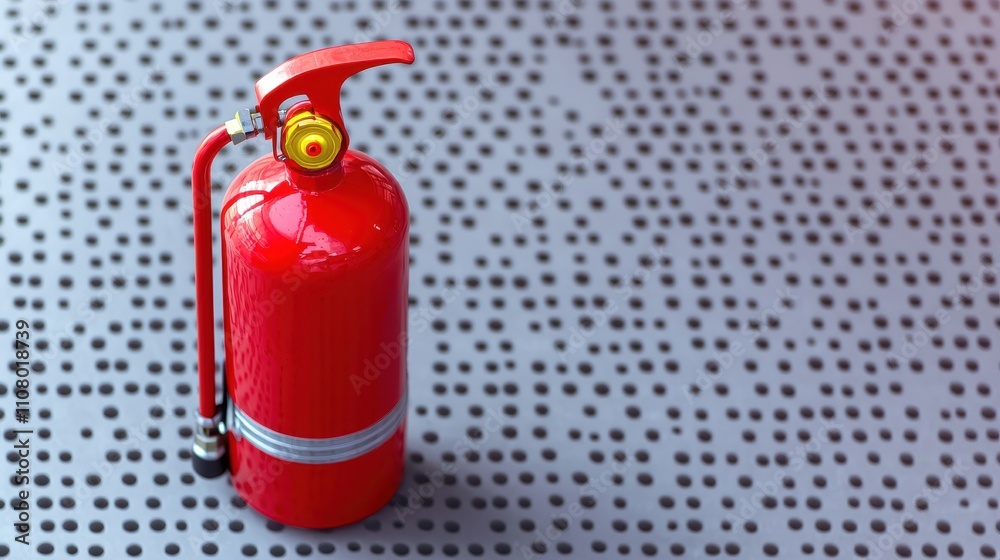 Obraz premium A bright red fire extinguisher sits on a textured gray surface, ready for use in emergencies.