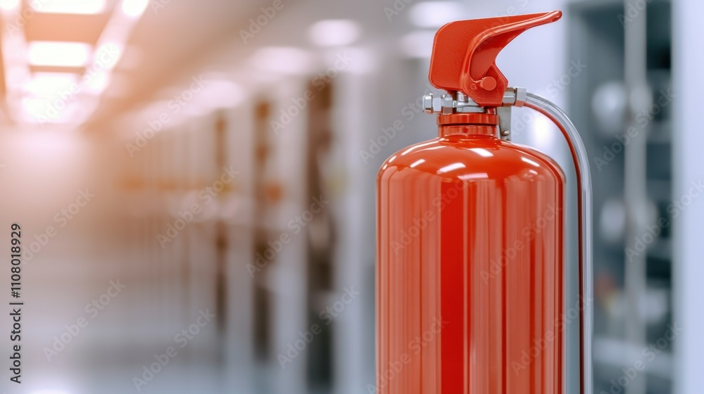 Obraz premium A red fire extinguisher is prominently displayed in a modern, well-lit corridor, emphasizing safety and fire prevention in a commercial space.