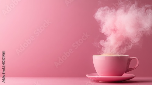 A delicate pink teacup emits ethereal pink smoke, set against a gentle pink backdrop, capturing a serene and dreamlike ambiance that inspires creativity. photo