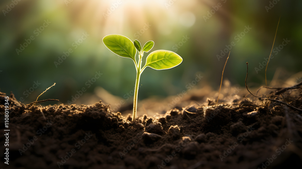 Fototapeta premium Young Plant with Vibrant Green Leaves in Sunlit Soil