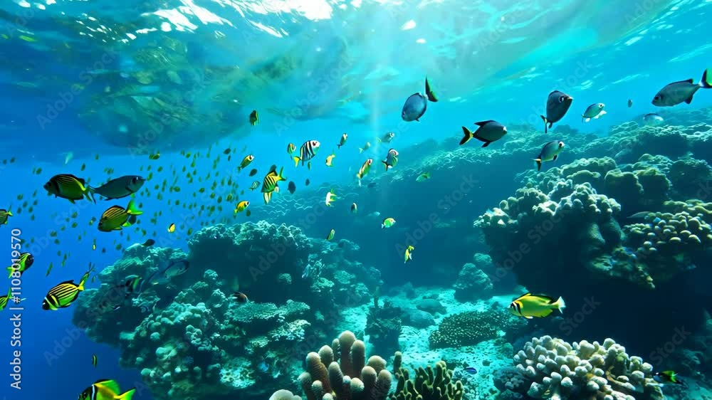 An underwater view showcasing vibrant marine life on a bustling coral reef, filmed in a smooth 360-degree perspective with natural light.