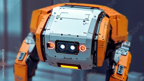 Close up of advanced industrial robot with orange protective casing, Modern autonomous technology robotics engineering 4K concept