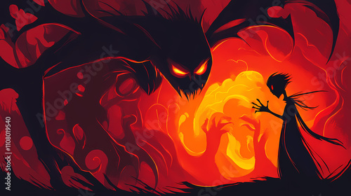 Enigmatic and symbolic shadows in infernal illumination. Infernal. Illustration