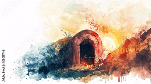 The resurrection of Jesus depicted with the empty tomb, illustrated in digital watercolor and line art