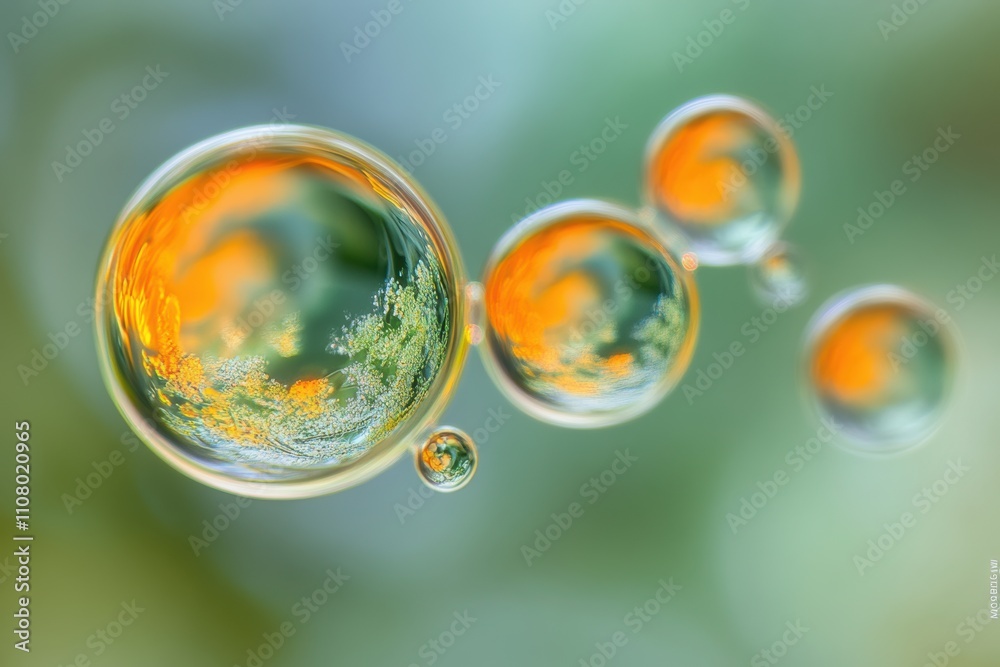 Macro close-up of oil bubbles on a liquid surface, vivid reflections, soft highlights, orange and yellow swirls, high detail Macro close-up of oil bubbles on a liquid surface, vivid reflections, soft highlights, orange and yellow swirls, high detail
