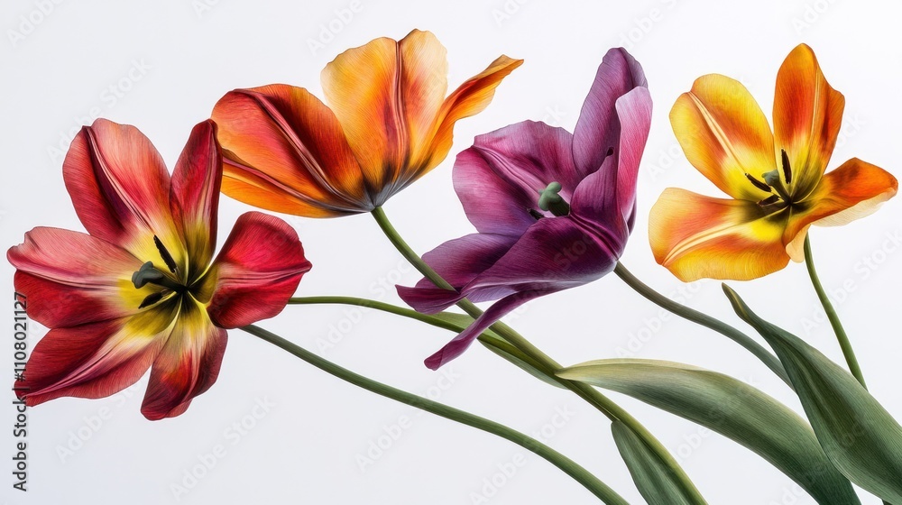 Fototapeta premium Colorful Tulips Displaying Vibrant Hues Against White Background