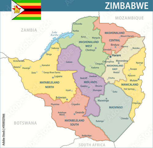 Zimbabwe Map Vector New 2024 Colorful - Customizable layered political map of Zimbabwe with administrative divisions for website, education, reports, news, politics, print, poster and wallpaper