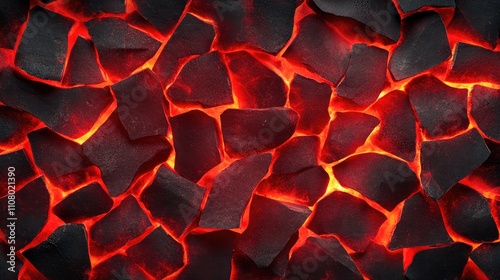 A close-up of glowing lava rocks, displaying vibrant red heat and dark volcanic textures, ideal for backgrounds or nature themes.