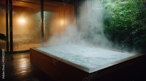 A steaming hot tub is set amidst a lush green forest under the subtle glow of indoor lighting, creating an inviting and peaceful atmosphere for relaxation and rejuvenation.