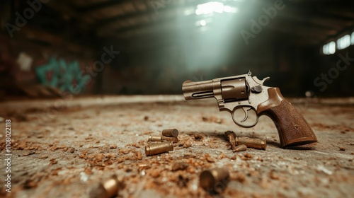 A weathered revolver sits among bullet casings on a dusty floor in an abandoned urban setting, evoking nostalgia and resilience in a dramatic style. photo