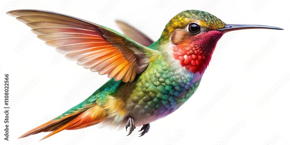 Fototapeta premium Vibrant Hummingbird in Flight Digital Painting, Colorful Feathers, Avian Art, Hummingbird Illustration Hummingbird, Digital Art