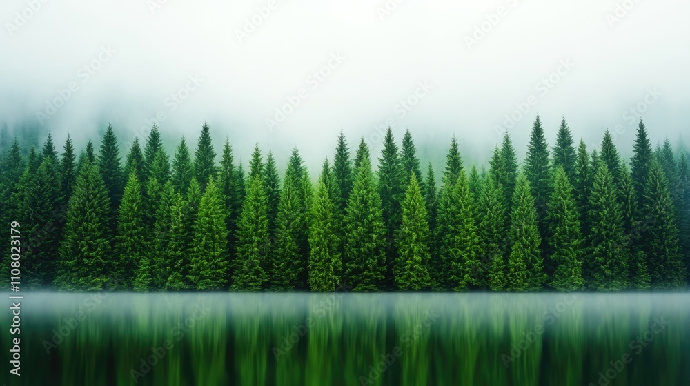 Obraz premium A serene forest landscape reflected on calm water, shrouded in mist, creating a tranquil and peaceful atmosphere.