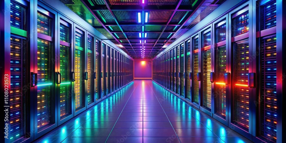 Fototapeta premium Neon-Lit Server Room Symmetrical Composition, Vibrant RGB Lighting, Data Center Concept Data Center, Server Room