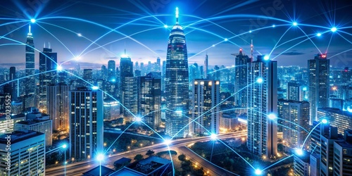 Wallpaper Mural Night Cityscape Connected Urban Network, Aerial View, Smart City Technology, Smart City, Network Connectivity Torontodigital.ca