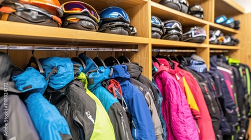 Brightly colored ski jackets and helmets in a shop