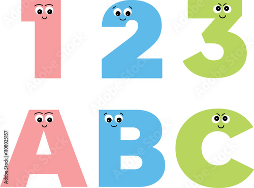 Vector illustration of Cartoon kids with ABC & 123 numbers isolated on white background.