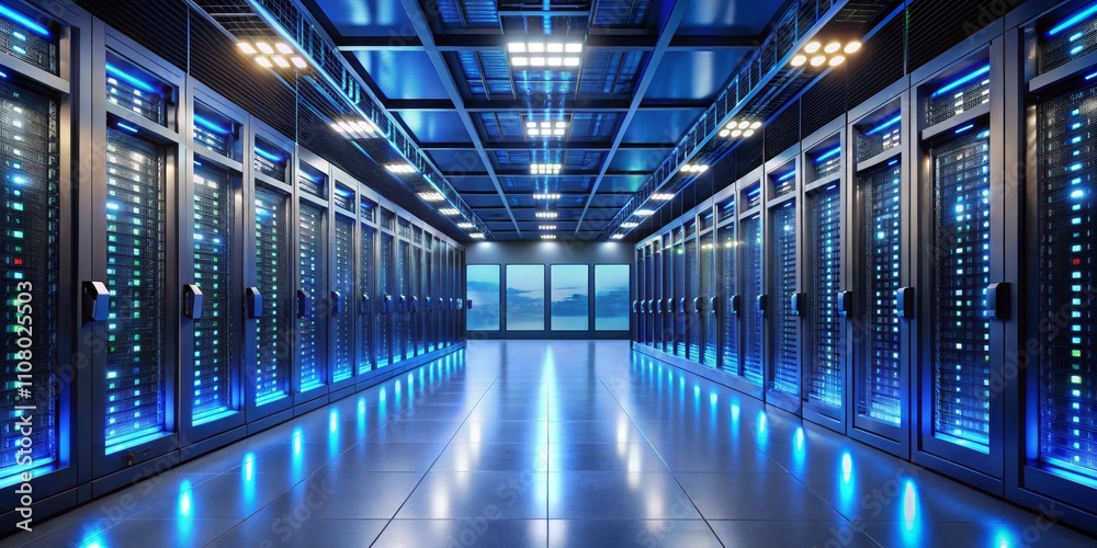 Obraz premium Data Center Corridor Blue Lit Servers, Modern Architecture, High-Tech Concept, Data Storage Data center, server room