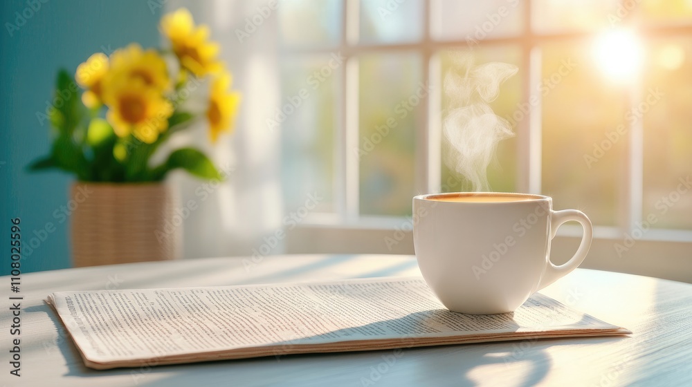A tranquil morning scene with a steaming cup of coffee and fresh flowers, perfect for relaxation and inspiration. A tranquil morning scene with a steaming cup of coffee and fresh flowers, perfect for relaxation and inspiration.